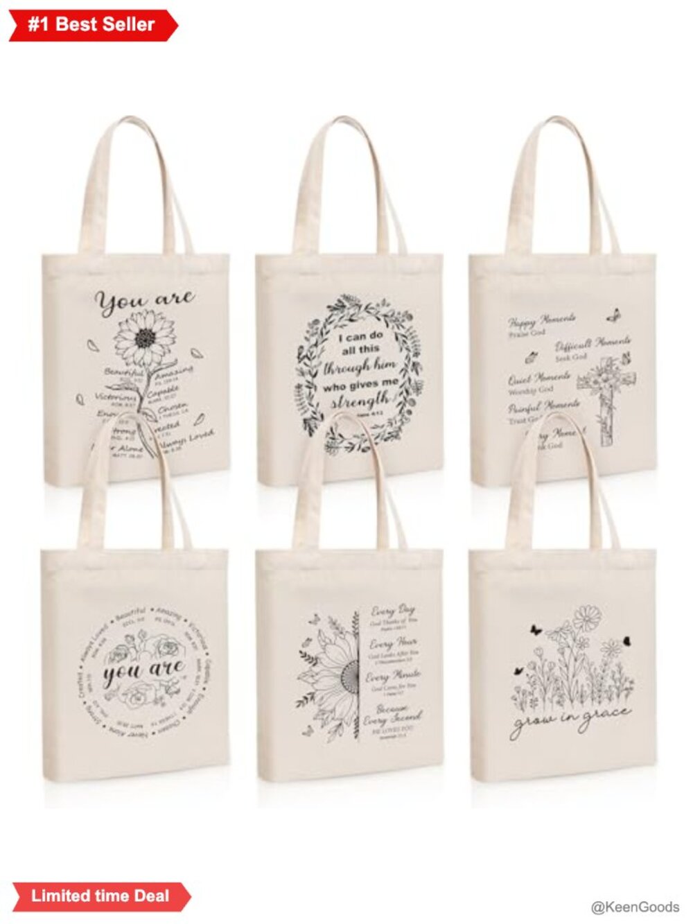 Canvas Christian Tote Bags 6 Pc Floral Bible Verse Reusable Shopping